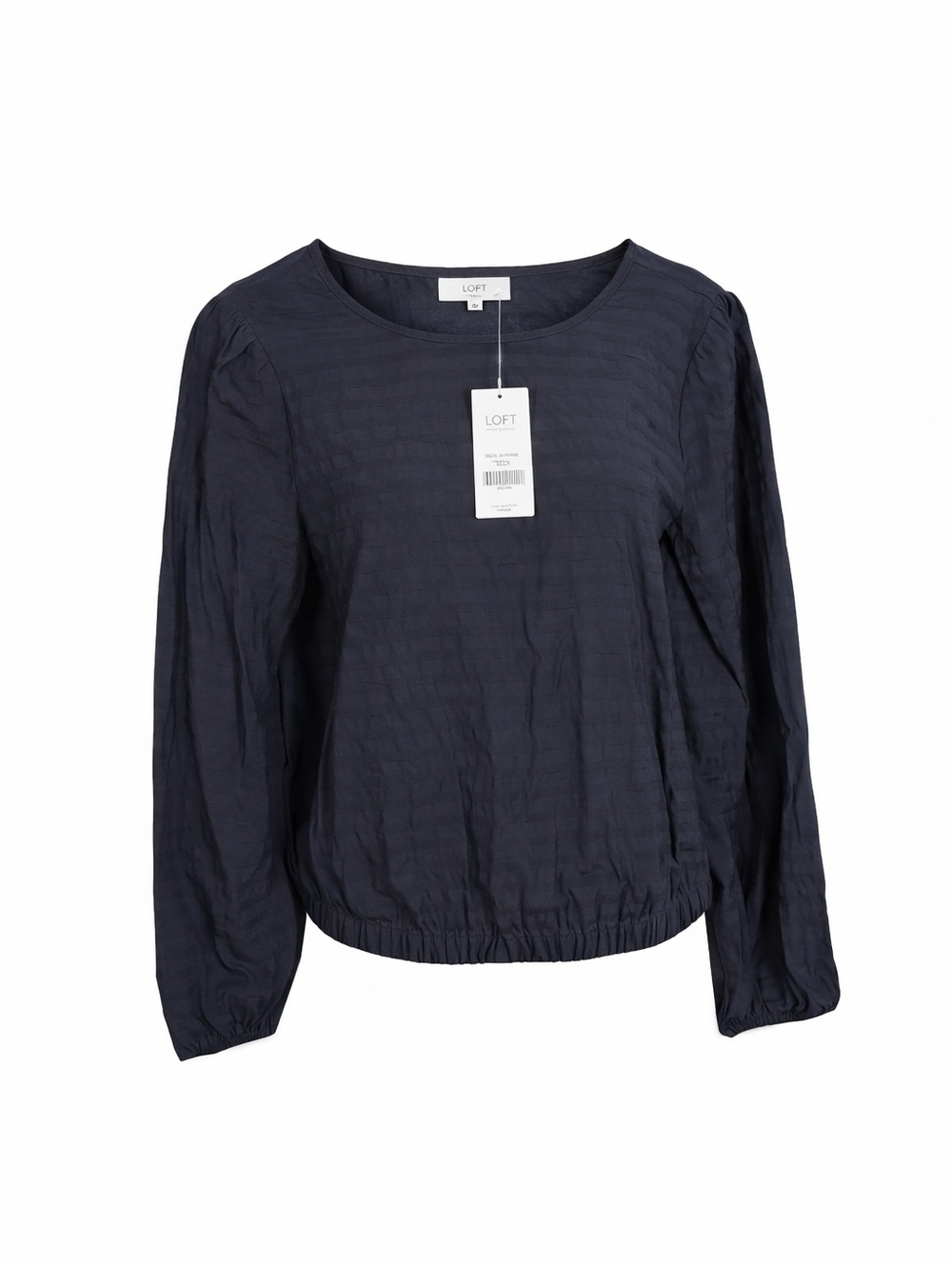 LOFT Navy Blue Long Sleeve Blouse Small NWT Sheer Stripe Lightweight Elastic Hem